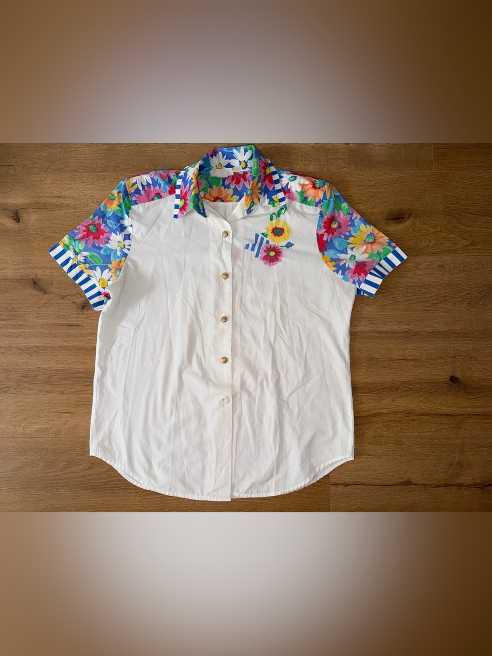 Vintage Jordana Gold Button Up Shirt with Multicolor Floral Collar & Sleeves